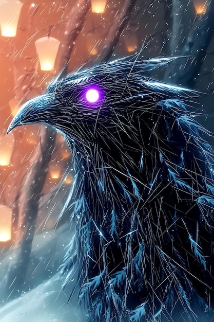 Crystalline Raven in a Snowy Forest