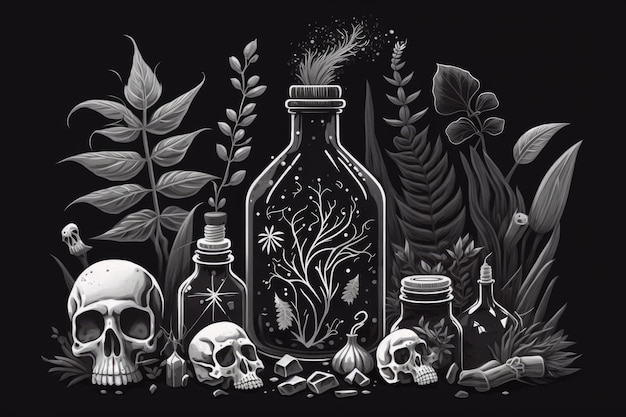 Crystals herbs and skeletons adorn an occult altar Historic bottles filled with medicinal herbs