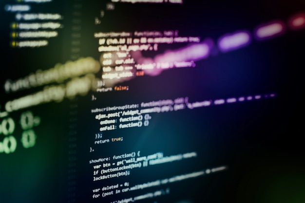 Photo css, javascript and html usage. monitor closeup of function source code. abstract it technology background. software source code.