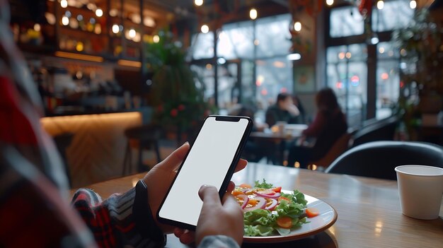 Photo cu photo of a person using his phone inside a fastfood restaurant blank white smartp generative ai