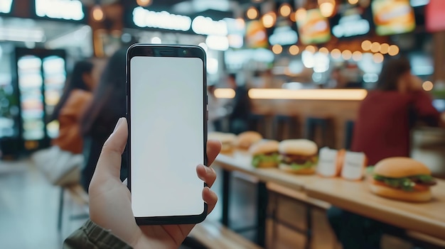 Photo cu photo of a person using his phone inside a fastfood restaurant blank white smartp generative ai