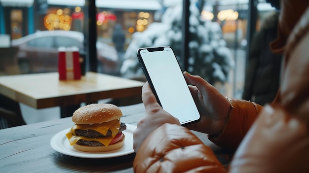 Photo cu photo of a person using his phone inside a fastfood restaurant blank white smartp generative ai