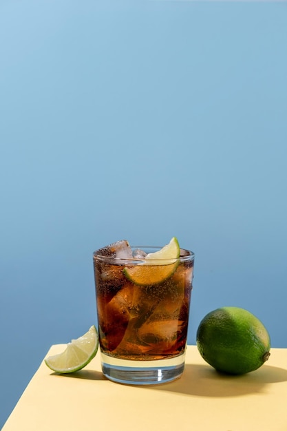 Cuba libre alcohol cocktail with lime slice on blue background Whiskey Cola cocktail