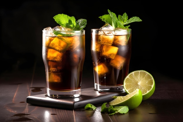 Cuba libre alcohol cocktails with rum lemon juice cola lime and ice on black background AI generated