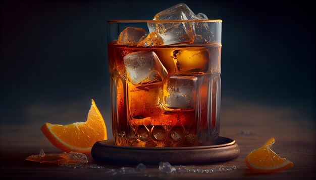 Cuba libre cocktail with orange and ice on wooden tablegenerative ai