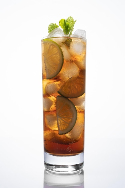 Cuba libre highball cocktail of cola and rum and in many recipes lime juice on ice