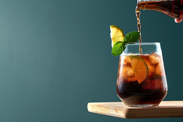 Cuba libre or long island cocktail with pouring cola rum and lime in glass on wooden board on dark