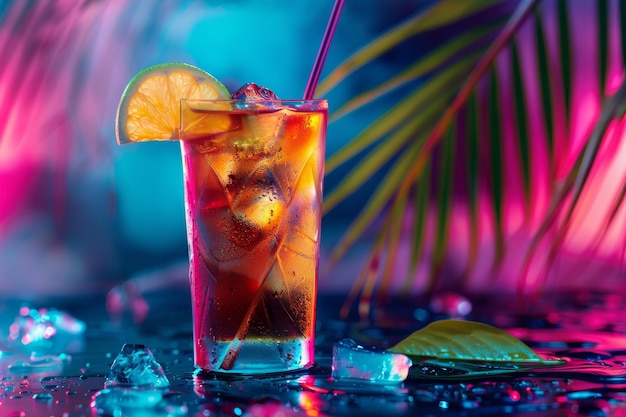 Photo cuba libre or long island iced tea cocktail on neon background beach party coctail summer bar drink