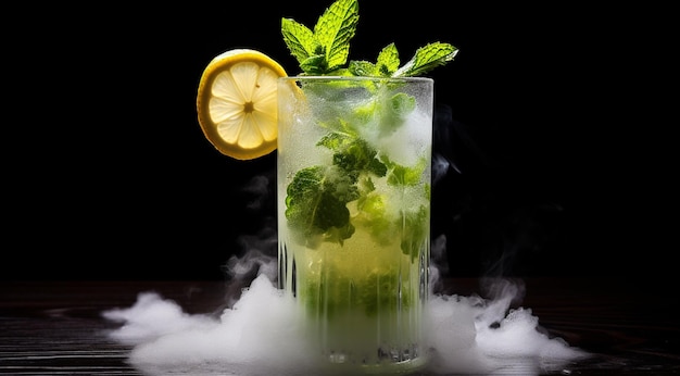 Cuban mojito cocktail with lemon slice on a very cold black background