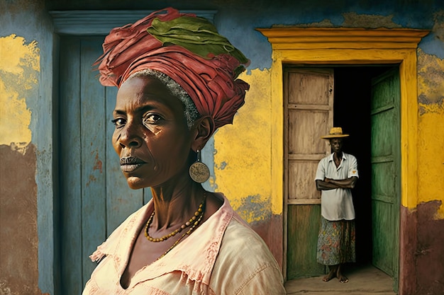 Cuban people and emotions portrait of happy senior african american lady looking at camera in front of a typical house Generative AI