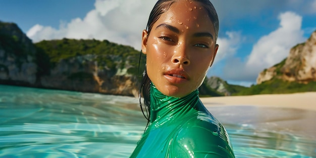 Cuban woman in green spandex with slick wet hair