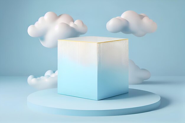 A cube on a blue background with clouds in the background.