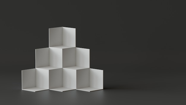 Cube boxes backdrop display on blank wall background. 3D rendering.