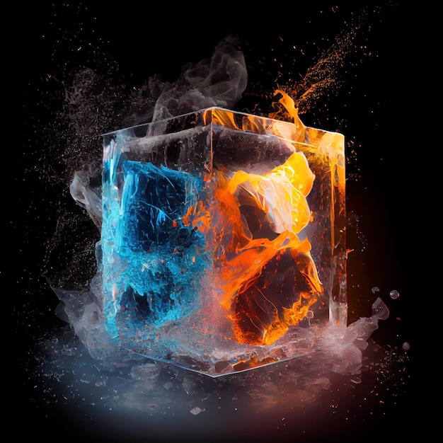 A cube in the clash of ice and fire on black background