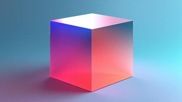 A cube made of colored glass sits on a blue background.