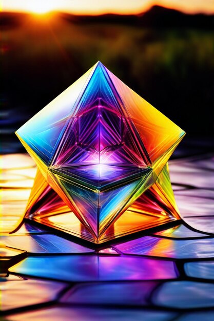 a cube made of glass with a purple and orange light on it