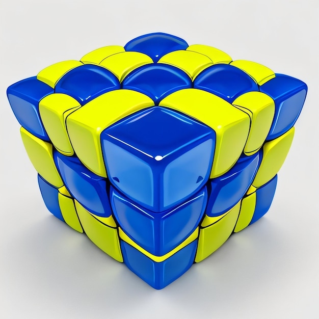 A cube puzzle with blue and yellow cubes on it.