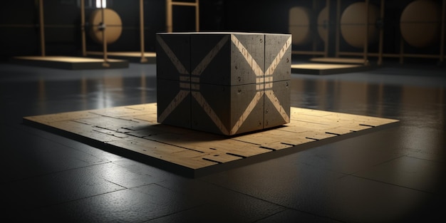 Cube shaped wooden platform in front of black floor in crossfit gym