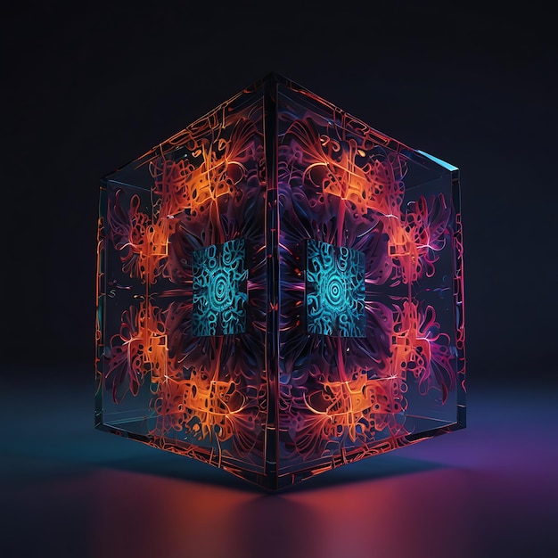 Photo cube suspended in midair with pulsating neon fractal patterns creating a dynamic and vibrant visual