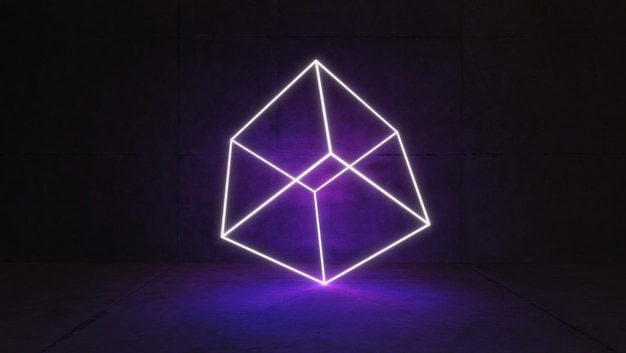 Cube wireframe concept illuminated by led neon light in concrete wall and floor room 3D rendering