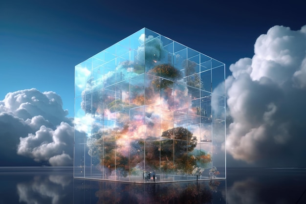 A cube with a cloud inside it