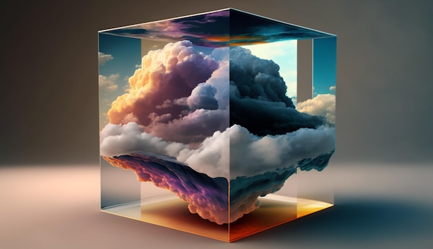 A cube with clouds and a sky inside