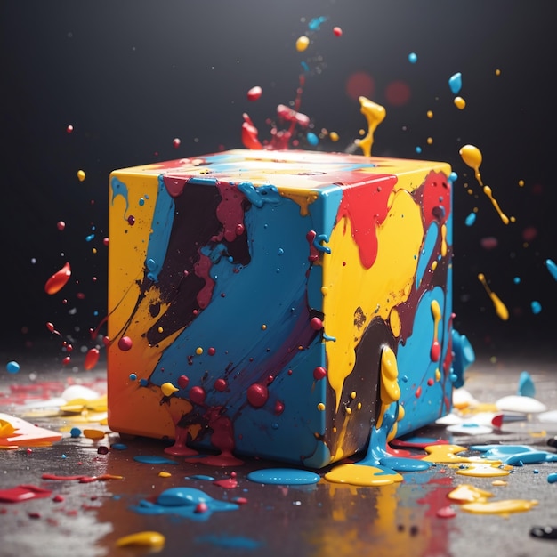 A cube with a colorful paint splatter on it