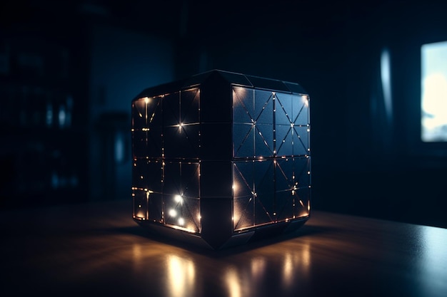 A cube with lights on it is lit up on a table.