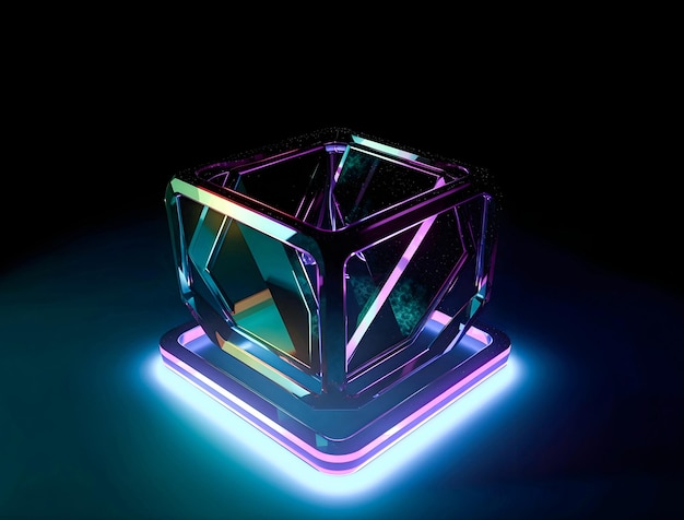 A cube with neon lights is lit up on a black background.