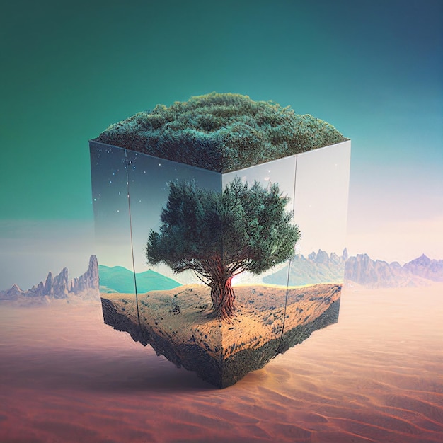 A cube with a tree inside of it is shown.