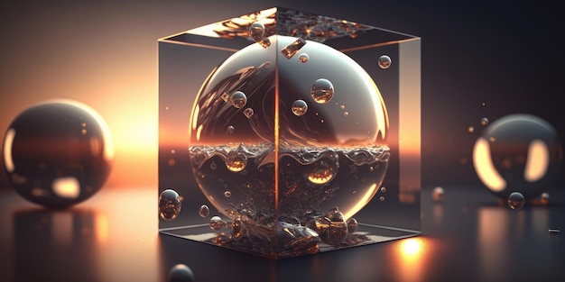 A cube with water and bubbles on it