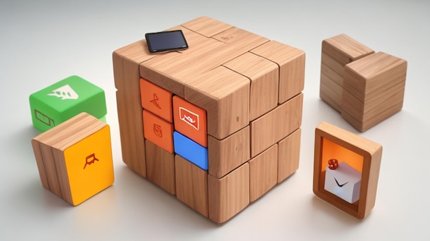 cube Wood with Essential Contact Icons