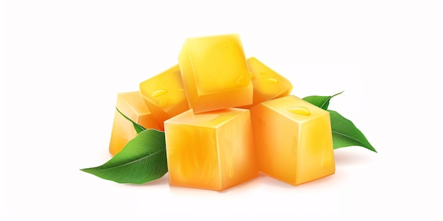 Cubed mango slices on a white background