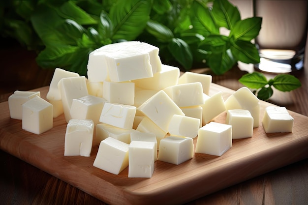 Cubed mozzarella cheese on wooden cutting board