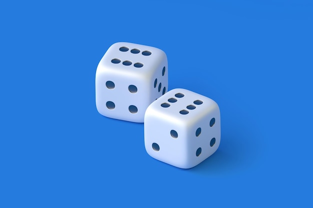 Cubes dice two white dices on blue background with copy space 3D render illustration