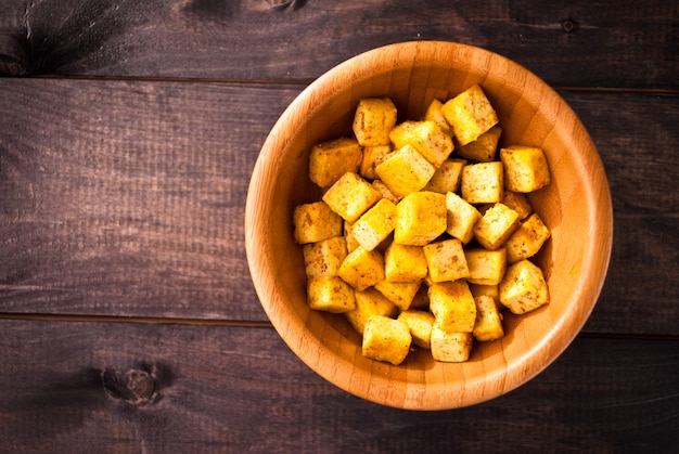 Cubes of fried tofu