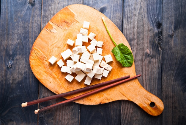 Cubes of raw tofu