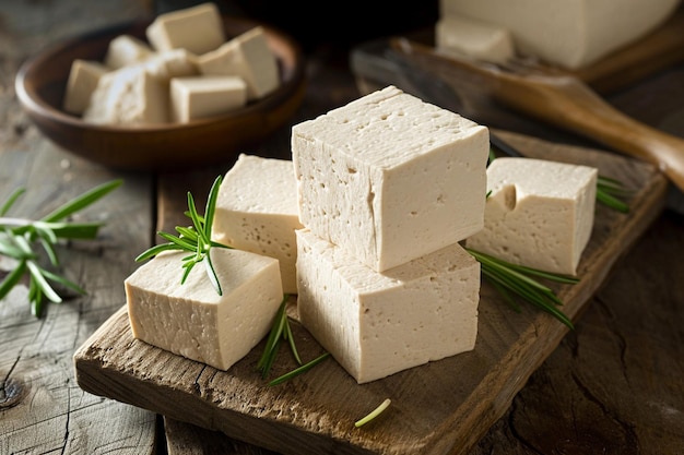 Cubes of raw tofu