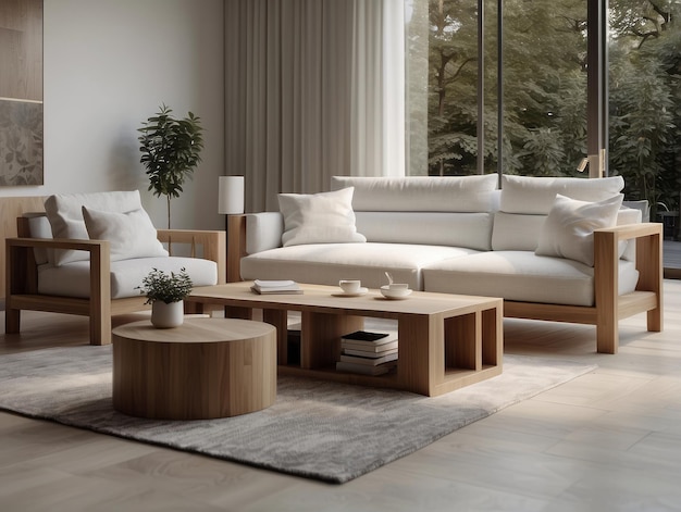 Cubic wooden coffee table between white sofa and armchairs Scandinavian style home