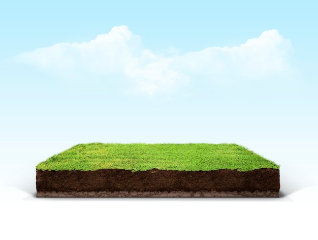 cubical cross section with underground earth soil and green grass land isolated on white background