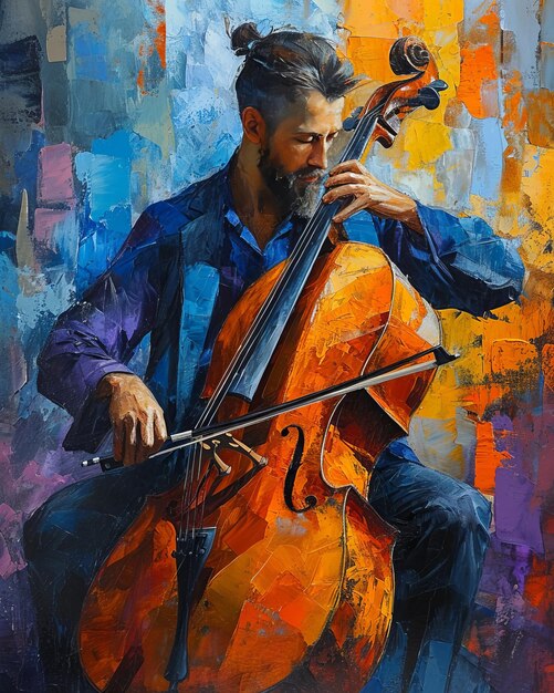 Cubist Melodies The Multifaceted Cello Player Ana Sadovnikovas Masterpiece in Dark Blurple and