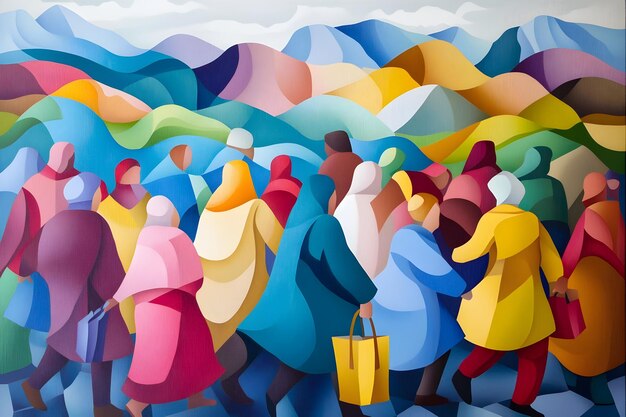 Photo cubist painting of climate refugee mass amid extreme weather and uncertain horizons