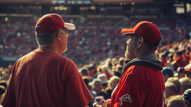 A cubs fan standing in front of a cardinals fan at a baseball game facing each other