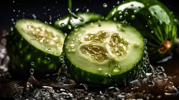 Cucumber hit by splashes of water with black blur background