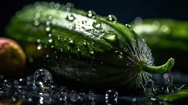 Cucumber hit by splashes of water with black blur background