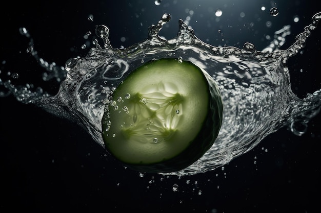 A cucumber is being dropped into a water with a splash of water