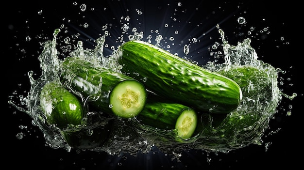 cucumber is being splashed with water and is a water droplet