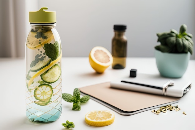 Cucumber lemon and mint infused detox water in a glass and bottle are shown on a white table Concept of diet healthy eating and weight loss the space bar