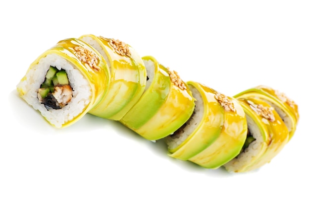 Cucumber Maki Sushi Roll made of Crab Meat Cream Cheese over white Cucumber outside