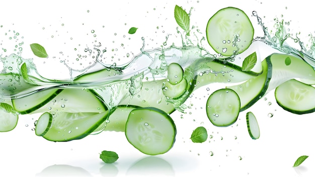 Cucumber in a refreshing splash isolated on white background illustration